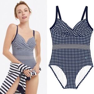 Lands End DraperJames Navy Gingham One-Piece Swimsuit 8